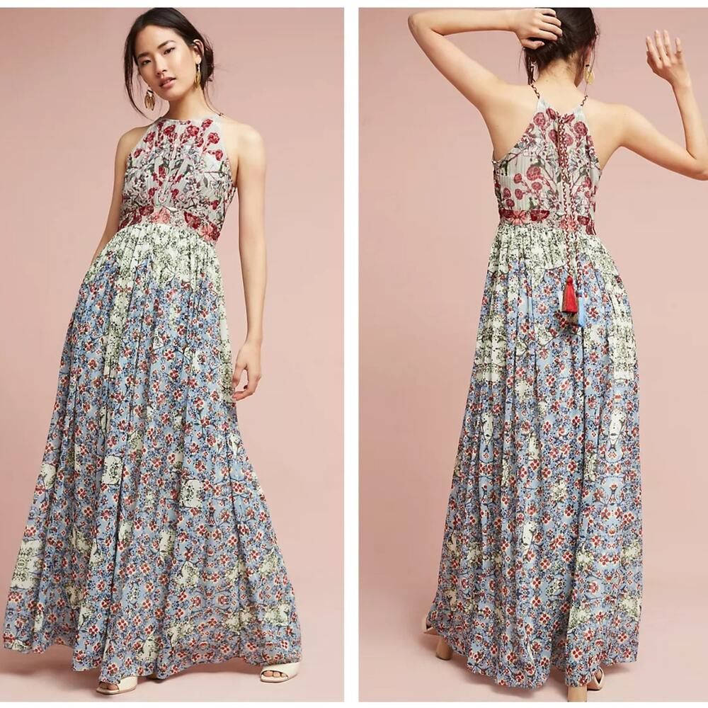 Anthropologie Floral Halter Maxi Dress in Blue, Red, Cream